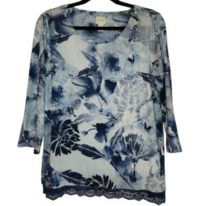 Chico's Blue Floral 3/4 Sleeve Top Lace Hem Size 2 (12/L) Tunic Round Neck Flowy